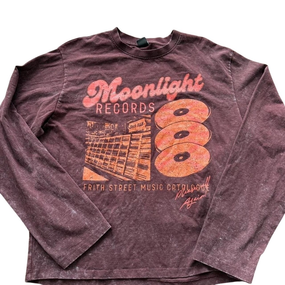 Urban Outfitters Moonlight Records Graphic Tee Burgundy Acid Wash Retro Skater
